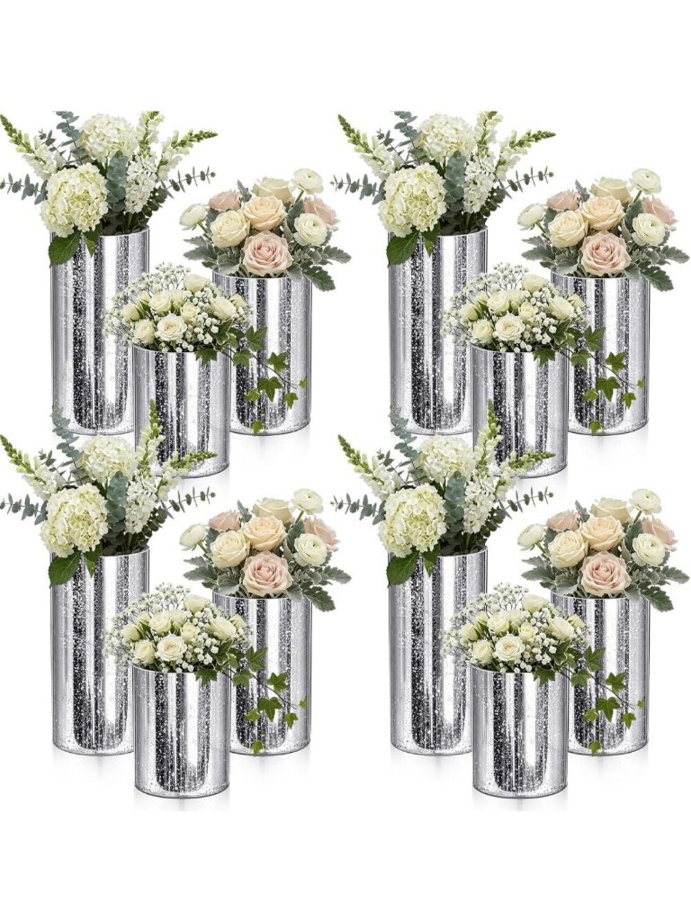 Set of 12 Silver Plastic Cylinder Vases for Centerpieces - 4", 6", 8" Sizes